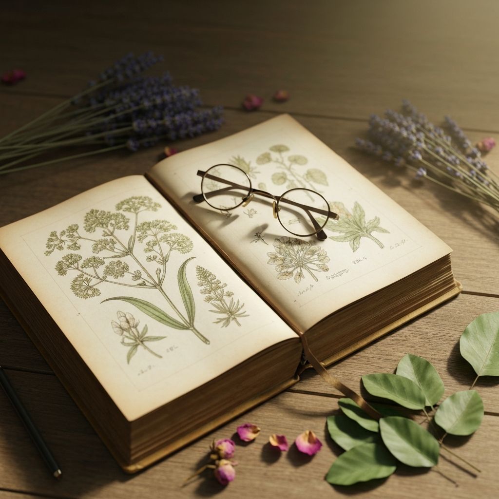 Open book with botanical illustrations and dried plant materials
