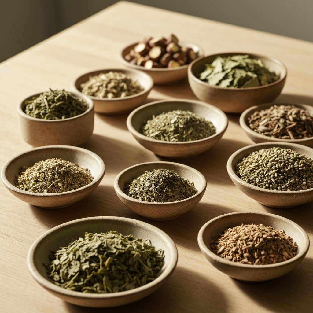Collection of natural herbs and botanical ingredients in ceramic bowls